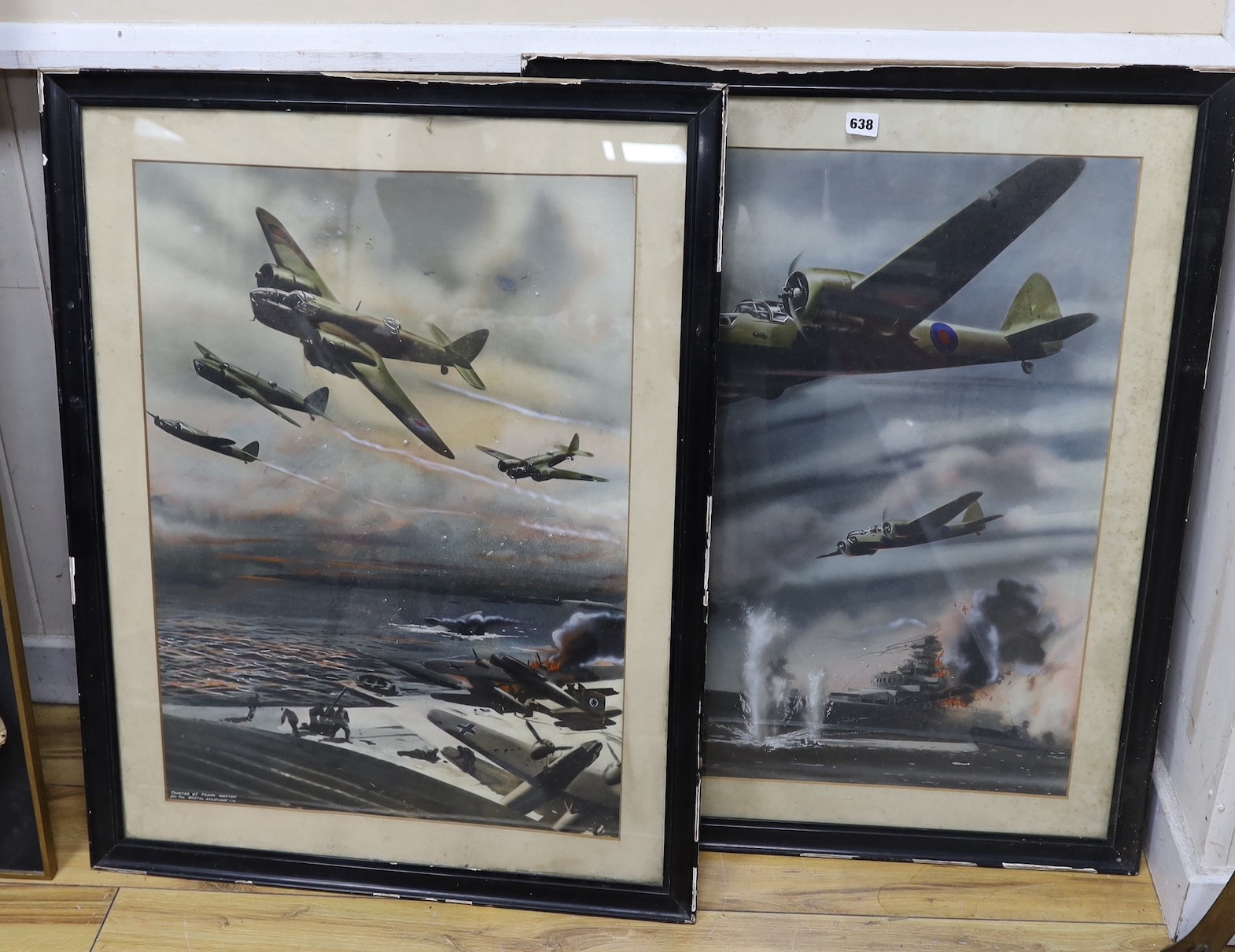 After Frank Wootton, pair of hand tinted photo-lithographs for the Bristol Aeroplane Company, Bristol Bombers in action, 70 x 51cm